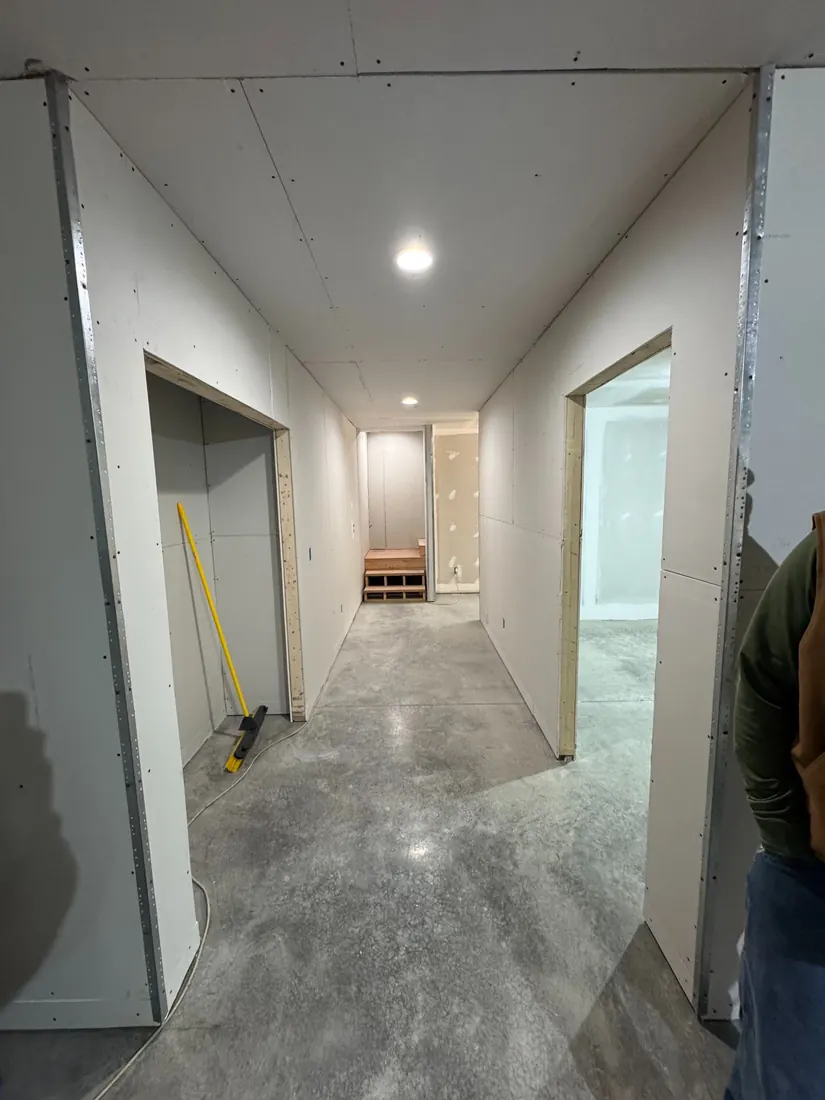 Commercial corridor and room openings during Frontline drywall installation
