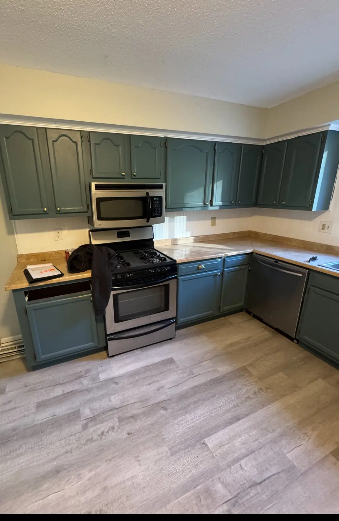 Kitchen before the Frontline remodel with green cabinets, older counters, and light flooring